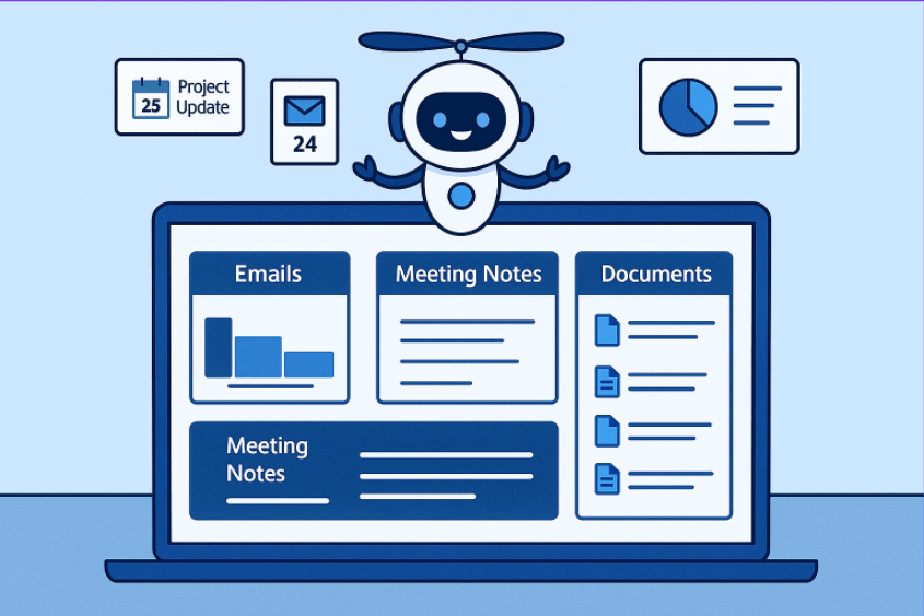 A friendly cartoon-style AI character hovers above an open laptop displaying an organized dashboard with sections for Emails, Meeting Notes, and Documents. Around the AI, small icons show a calendar reminder, an unread email count, and a simple analytics chart, representing the AI helping manage updates, messages, and information.