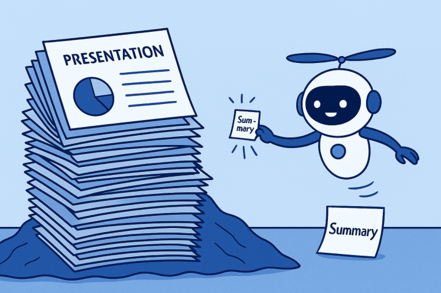 Funny cartoon of AI shrinking a massive 40-slide deck into one post-it note
