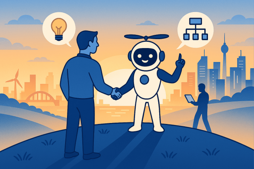 Bright futuristic horizon with human and AI silhouettes working together — optimistic, forward-looking.