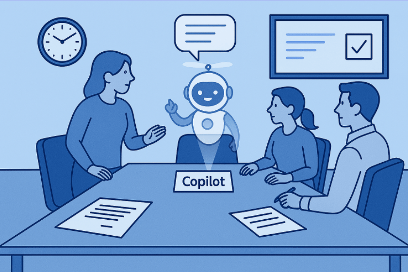 a business meeting with an empty chair labeled “Copilot” and a holographic AI taking notes — exactly as requested.